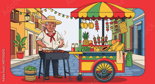 Street Food Vendor Cooking Delicious Skewers In A Colorful Setting