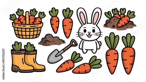 Cute Bunny's Carrot Garden: A delightful illustration of a charming bunny surrounded by ripe carrots, gardening tools and the harvested carrots. Capturing the joy of a perfect vegetable harvest. 