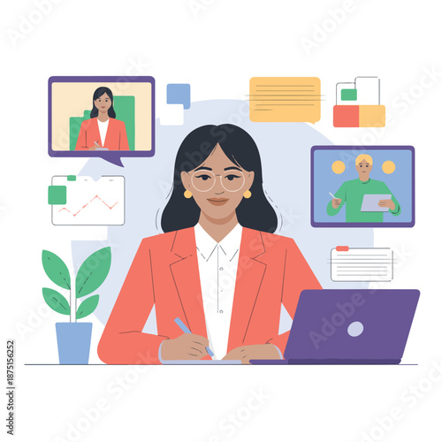 A woman working remotely on her laptop with various digital elements around her