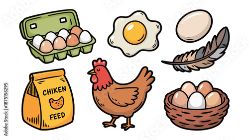 Chicken and Eggs: A vibrant cartoon illustration showcasing a comprehensive view of chicken-related elements. Depicting the essence of poultry and its byproducts in a charming style.