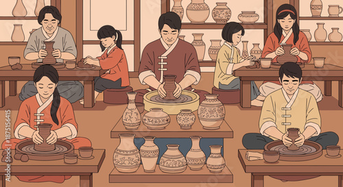 Traditional Pottery Workshop With Artisans Making Vases Together