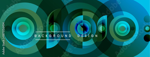 Abstract circular layers create vibrant background. Blue, green hues dominate design, offering modern aesthetic. Text reads background design.