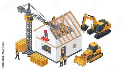 Construction site with workers building a house, excavator, bulldozer, and crane lifting boxes, illustrating a residential development