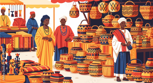 Vibrant African Market Featuring Artisanal Baskets And Cultural Textiles
