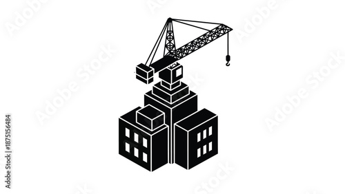 Black and white isometric illustration of a construction crane building a city skyscraper with blocks with architecture