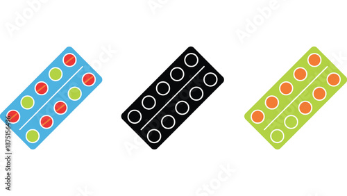 A colorful illustration of three pill blister packs on a white background