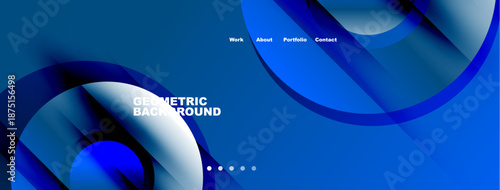 Abstract blue design features flowing shapes, text elements, navigation menu. Modern aesthetic suitable for website header or banner.