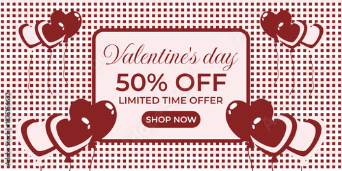 Valentine’s Day 50% off sale banner in retro style with heart-shaped balloons