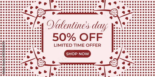 Valentine’s Day 50% off sale banner in retro style with envelopes and love cards