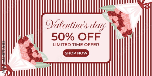 Valentine’s Day 50% off sale banner in retro style with flower bouquets