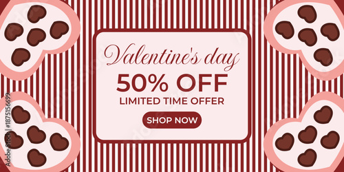 Valentine’s Day 50% off sale banner in retro style with heart-shaped chocolate boxes