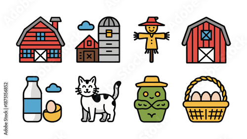 Farm Icon Collection: A vibrant collection of farm-themed icons, depicting a cozy red barn, a towering silo, a friendly scarecrow, and a basket brimming with fresh eggs.