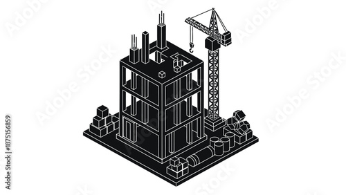 Black and white isometric illustration of a building construction site with a crane and various building materials