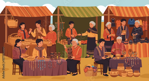 Vibrant Local Market Scene Showcasing Traditional Crafts And Textiles