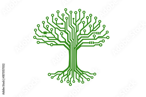 A stylized illustration of a digital tree featuring detailed green circuitry