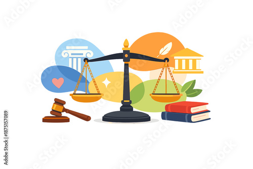 A conceptual depiction of a balanced scale representing justice, law, and equality, set against a backdrop of vibrant abstract shapes that evoke legal themes