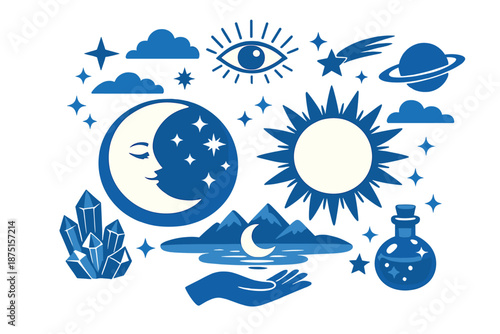 An abstract, ancient conceptual backdrop of mysticism, astrology, fantasy, and blue