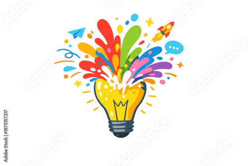 A creative light bulb bursts with vibrant paint and hues, symbolizing a fresh idea and brainstorming concept, displayed on a banner