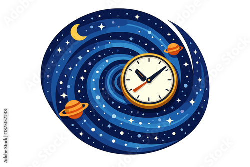 A cosmic backdrop featuring a spiral clock, symbolizing time, eternity, and the universe