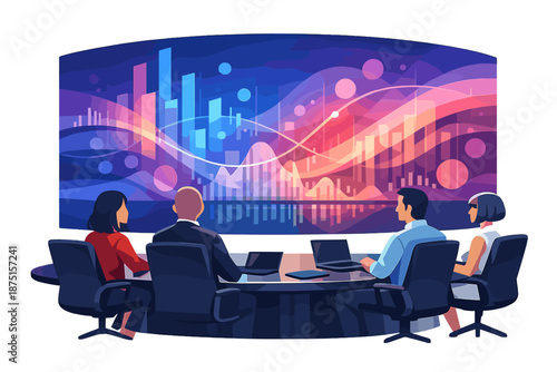 Individuals in a futuristic boardroom set against an abstract, colorful digital backdrop