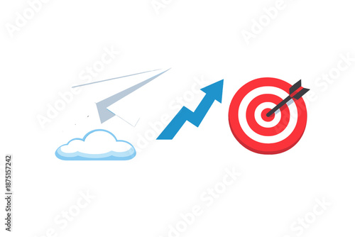 A white paper airplane soars across a blue sky with clouds, aiming to enhance design concepts in a vector illustration