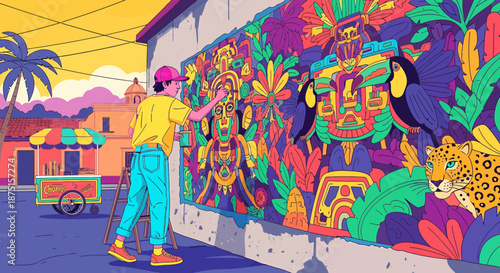 Vibrant Mural Depicting Latin American Imagery With Street Vendor