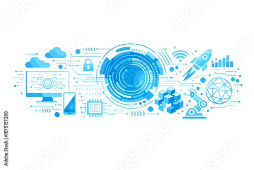 A wide blue background showcases various tech elements, a high‑tech computer digital concept, and an abstract vector illustration of technology communication