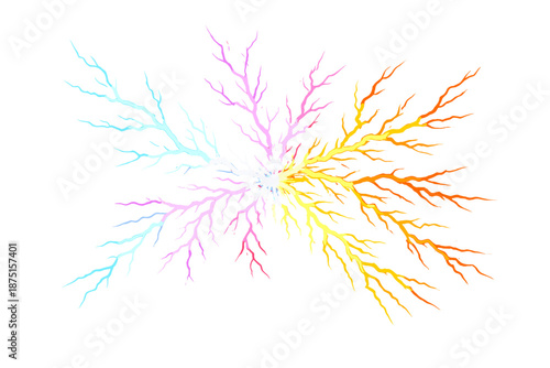 Bright, multicolored electric sparks fan out in sharp, lightning‑like patterns, radiating intense energy against a transparent backdrop for a futuristic, dramatic visual effect