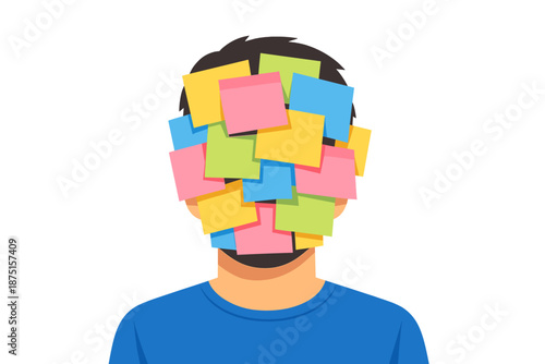An abstract depiction of a person whose face is completely covered in colorful sticky notes, standing in front of a neutral backdrop