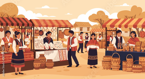 Vibrant Traditional Market Scene With Local Artisans And Crafts