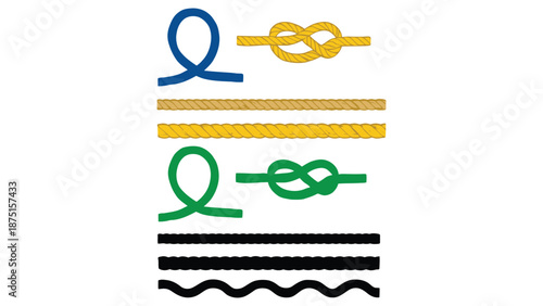 A collection of colorful ropes and knots on a white background
