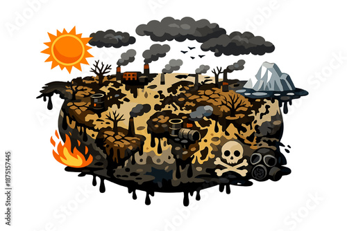 A conceptual illustration portrays a barren world map shrouded in oil and carbon combustion residues, representing the catastrophic impact of global warming and environmental disaster