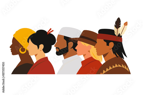 A side silhouette of a group of men and women from diverse cultures