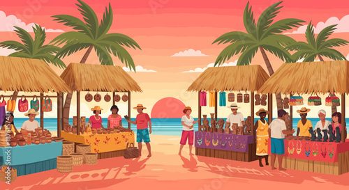 Vibrant Tropical Market Scene With People And Coastal Views