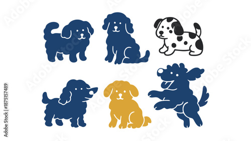 A colorful illustration of dogs and cats with playful designs