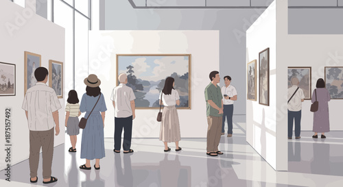 Visitors Admiring Artwork In Modern Art Gallery Illustration