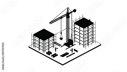 Isometric illustration of construction site with crane and scaffolding around buildings, workers and equipment on the ground, urban