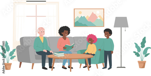 Happy family living room illustration, parents reading book with children, cozy home interior, diverse people, flat vector design scene art