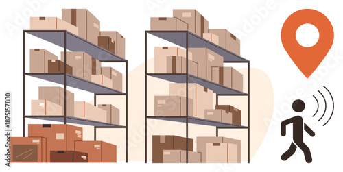 Inventory management, geolocation, logistics, warehouse operations, supply chain, tracking technology. Shelves filled with cardboard boxes, geolocation pin and tracking signal symbol. Inventory