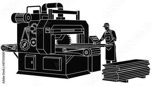 A worker in an industrial setting operating a large machine with a control panel and stack of materials with industry