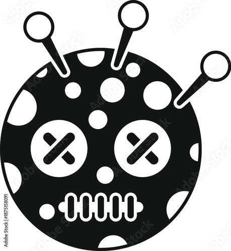 Voodoo doll black and white icon with pins for spooky halloween designs