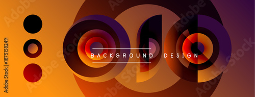 Abstract design features vibrant circles, gradients, text. Orange background dominates composition, creating modern aesthetic.
