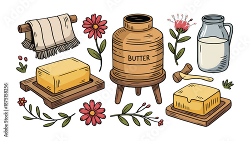 Rustic Butter Display: An artistic illustration features a charming collection of fresh butter, dairy, floral elements, evoking the essence of rural life and traditional culinary practices.