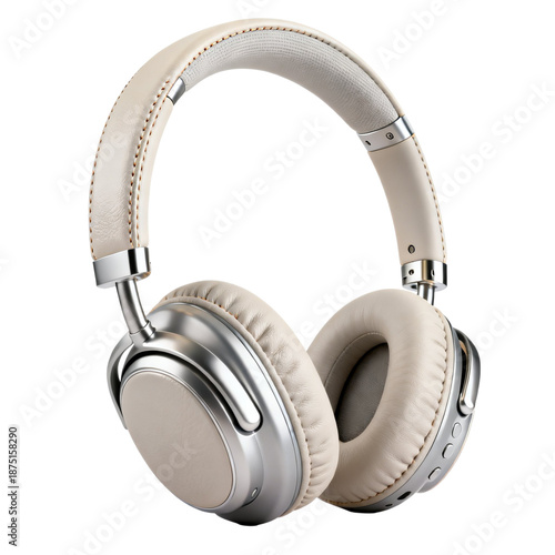 Elegant beige and silver over-ear headphones offering premium audio experience isolated on transparent background