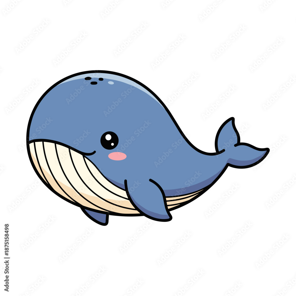 Fototapeta premium Cute cartoon blue whale with white stripes swimming in water ocean