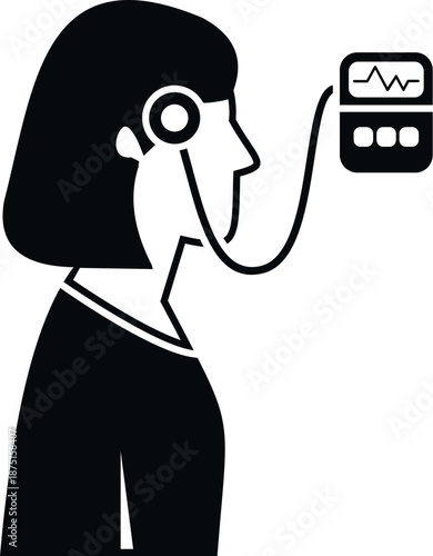 Woman wearing a portable electrocardiogram monitoring device for continuous heart activity