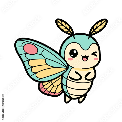 Cute cartoon bee with turquoise and yellow wings and leaf antennae smiling and winking