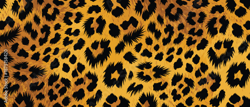 A close-up view of a vibrant leopard pattern texture featuring wild cat fur with spots in a natural environment