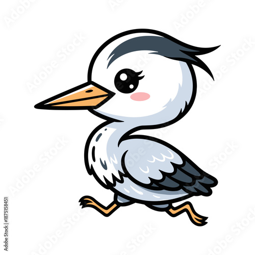 Cute cartoon bird with orange beak and feet walking on white background orange feet