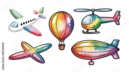 Rainbow Transportation: A vibrant array of watercolor-style transportations floats on a surface, each adorned in a spectrum of colors, symbolizing the diverse ways to journey through the skies